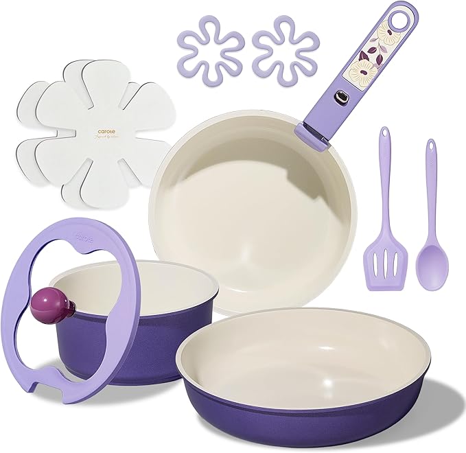 CAROTE 11pcs Ceramic Cookware Set Pots and Pans Set Non stick Induction Kitchen Cookware with Removable Handle RV Dishwasher ＆ Oven Safe RV/Camping Cookware PFOA Free Purple