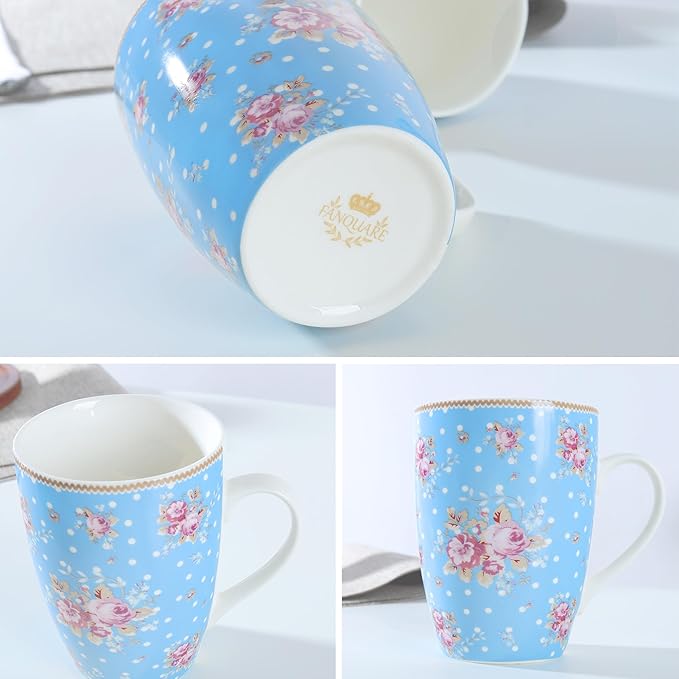 fanquare 10 Ounce Blue Floral Polka Dot Mug Set of 4 Ceramic Coffee/Tea Mugs with Pink Flower Pattern Cute Drinkware for Home Office Microwave &amp Dishwasher Safe
