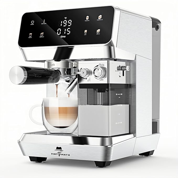 MAttinata CM1833L Automatic Cappuccino Machine 20 Bar Espresso Maker with Dual Boiler &amp Self-Cleaning Milk Frother Touch Screen Coffee Machine for Latte Stainless Steel Home and Office Silver