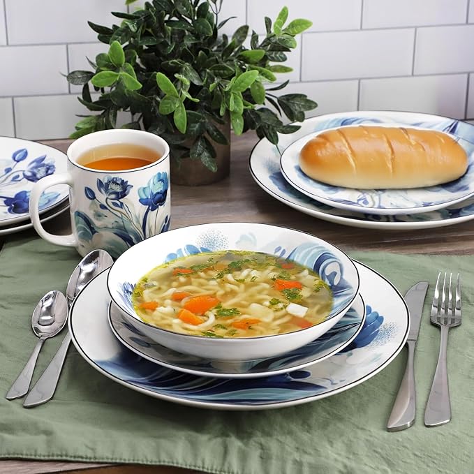 16‑Piece Porcelain Dinnerware Set with Floral Design – Round Plates Bowls and Mugs Microwave &amp Dishwasher Safe Tableware for 4 (Blue)