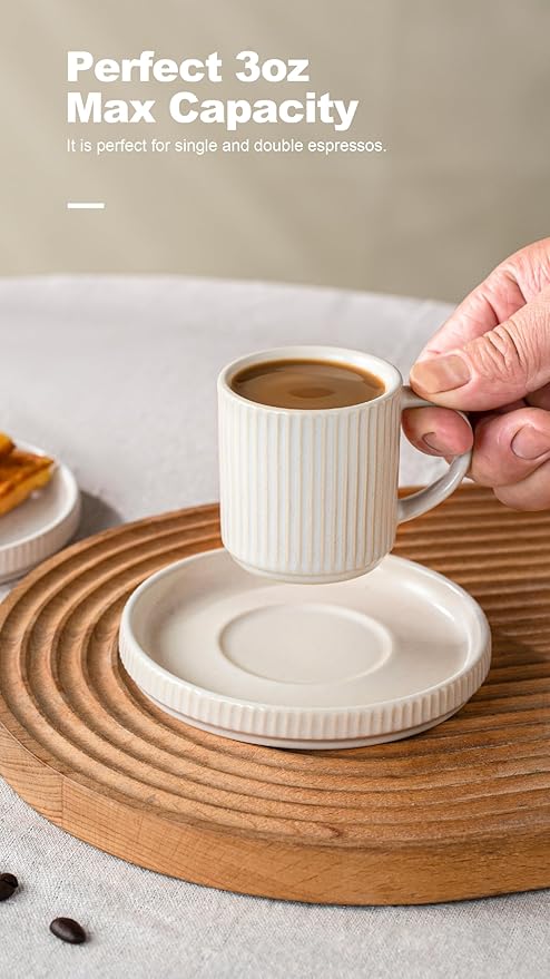 Famiware Dinnerware Set for 4 (12 Piece) and 12oz Mug Set and 3oz Espresso Cups and Saucers Set- Star Stoneware Dishes - Matte White