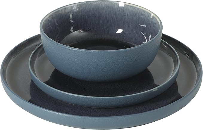 Gibson Elite Reactive Stoneware Dinnerware Set - Tahoe Sunset Matte Exterior &amp Shiny Interior Blue | 12-Piece – Plates and Bowls Durable Everyday Dish Set Microwave &amp Dishwasher Safe