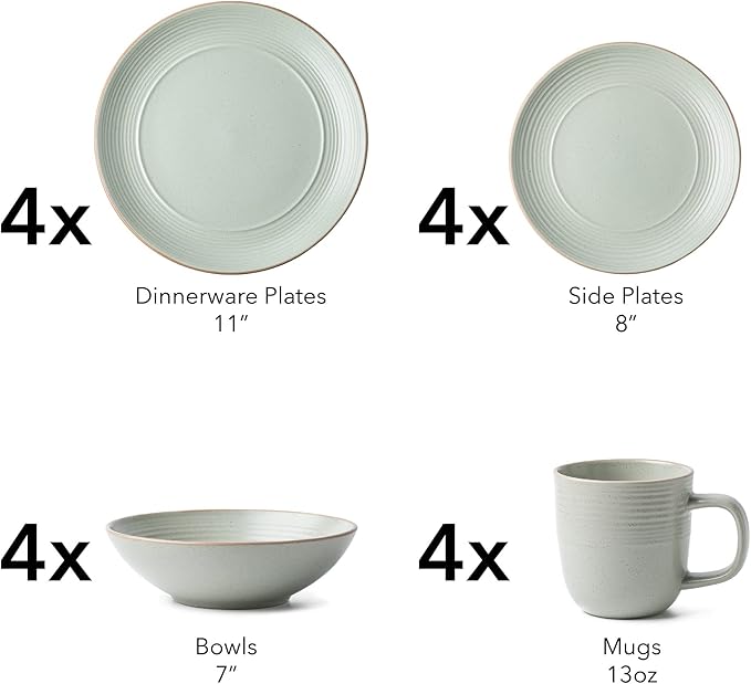 RINGAR Round Stoneware 16pc Dinnerware Set of 4 Dinner Plates Side Plates Cereal Bowls Mugs - Speckle Matte White (406646)