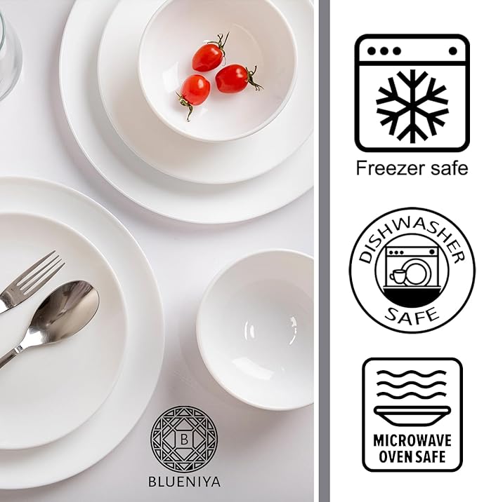 BLUENIYA 12 Piece Bone China Dinnerware Set - White Lightweight Chip &amp Break Resistant Dish Set for 4 - Modern Round Plates &amp Bowls Microwave &amp Dishwasher Safe for Everyday &amp Specia