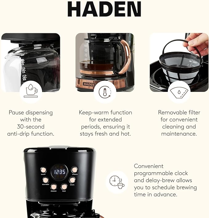 HADEN Coffee Machine 12 Cup Programmable Drip Coffee Maker with Auto Shut-Off Function and Reusable Washable Water Filter Black &amp Copper