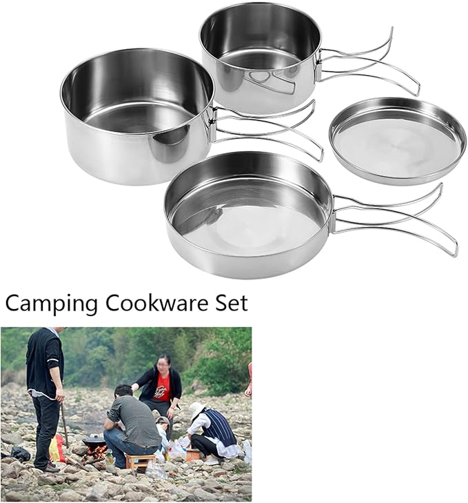 4 Pcs Portable Cookware Set Stainless Steel Combination Cookware Camping Kitchenware Pan Pot Plate Tableware for Outdoor Cooking