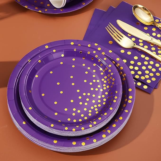 175Pcs Purple and Gold Party Decorations Purple Plates and Cups and Napkins Sets Gold Disposable Plates for Birthday Wedding Party Supplies Serves 25