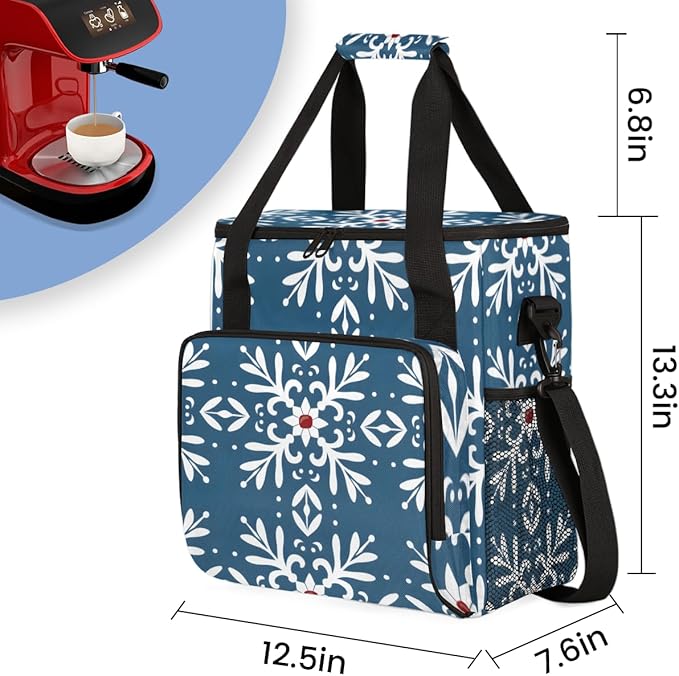 Fantastic Snowflakes Christmas Coffee Maker Carrying Bag Travel Storage Bag Compatible with K-Mini or K-Mini Plus Single Serve Coffee Brewer Carrying Case with Multiple Pockets &amp Shoulder Strap