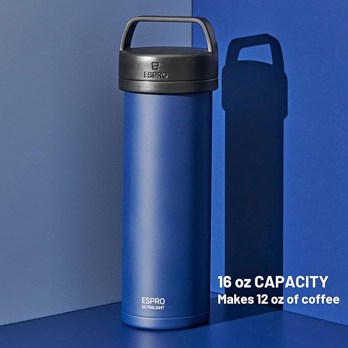 ESPRO P0 Ultralight French Press Coffee Maker for Travel Vacuum Insulated Stainless Steel 16 Ounces Aegean Blue