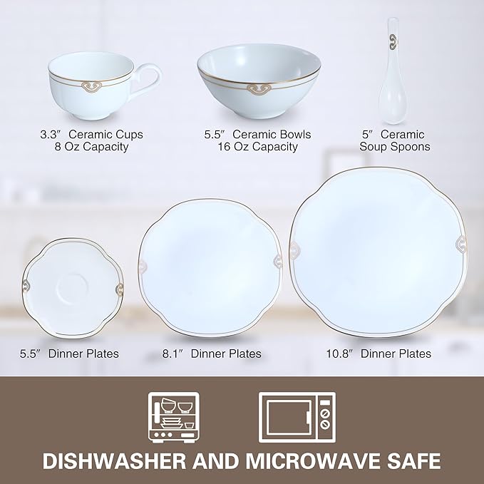 24 Piece White Porcelain DinnerwareBone china Set for 4Plates and Bowls Sets With Double Gold Rim Highly Chip and Crack Resistant | Dishwasher Safe Dishes Set (White &amp Double Gold Rim)