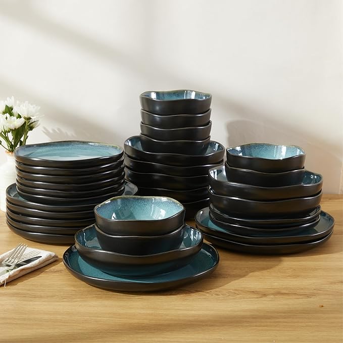 32 Piece Dinnerware Set for 8 with Pasta Bowls Green Black Reactive Glaze Stoneware | All‑in‑One Host Set for Entertaining Holiday Meals Multi‑Course Dinners | Unique Irregular Coastal Look
