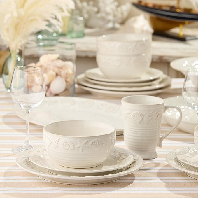 Coastline Cream 16-Piece Stoneware DINNERWARE SETSERVICE for 4 with embossed coastal shells and starfish detailing durable beach house tableware for relaxed coastal living and everyday dining