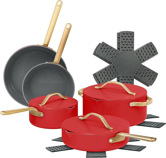Nonstick Ceramic Cookware Set (12 Piece) Pots Frying Pans Lids and Kitchen Storage Oven Safe Pan Set &amp Compatible with All Stovetops - (Tomato Red)