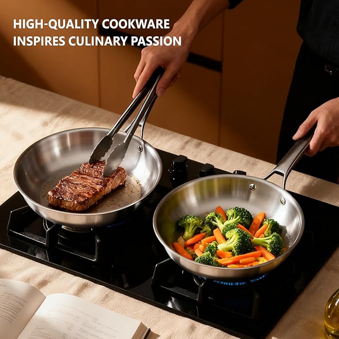 ROVSUN 8-10-12 Inch Stainless Steel Cookware Set 3 pcs Tri-Ply Skillets Set Full Clad Stainless Steel Chef's Pan PFOA &amp PTFE Free Skillets Compatible for All Cooktops Dishwasher &amp Oven Sa