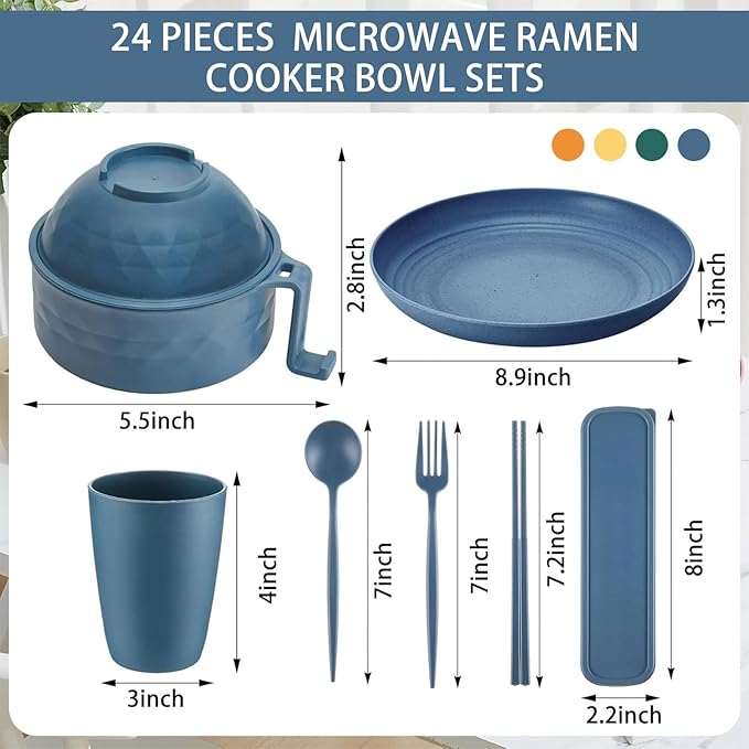 24 Pcs Microwave Ramen Cooker Set Microwavable Wheat Straw Dinnerware Sets with 40oz Ramen Bowl Plates Cups and Cutlery Box Dishwasher Safe Camping College Dorm (Bright Colors)