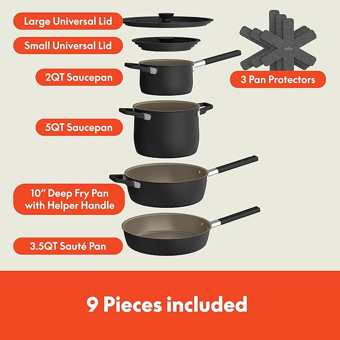 bella 9 Piece Ceramic Nonstick Cookware Set Fits-anywhere™ Kitchenware w EverGood™ Coating Dishwasher &amp Oven Safe All Stovetops Compatible Stackable Design Cool Touch Handles Black