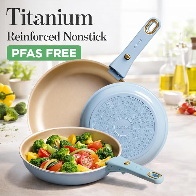 CAROTE 18Pcs Titanium Reinforced Nonstick Pots and Pans Set Nonstick Cookware Set with Detachable Handle Induction Kitchen Cookware Sets Removable Handles Dishwasher Safe Oven Safe Blue