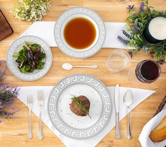 Porcelain 12 Piece Dinnerware Set - Service for 4 - Gorgeous Silver Greek Key Inspired Design - Includes Kitchen Plates Ceramic Dishes Set for 4 (Meander Silver)