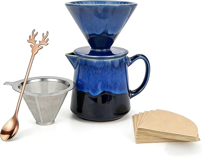 Pour Over Coffee Maker Ceramic Coffee Maker With Stainless Steel Coffee Filter 40 Filter Papers Stainless Steel Spoon 15.9 oz/470 ml Pour Over Coffee Dripper