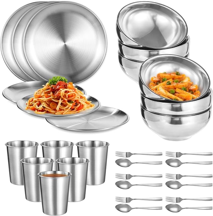Reusable Metal Dinnerware Set (30 Pcs): 6 Place Settings For Home Outdoors Parties