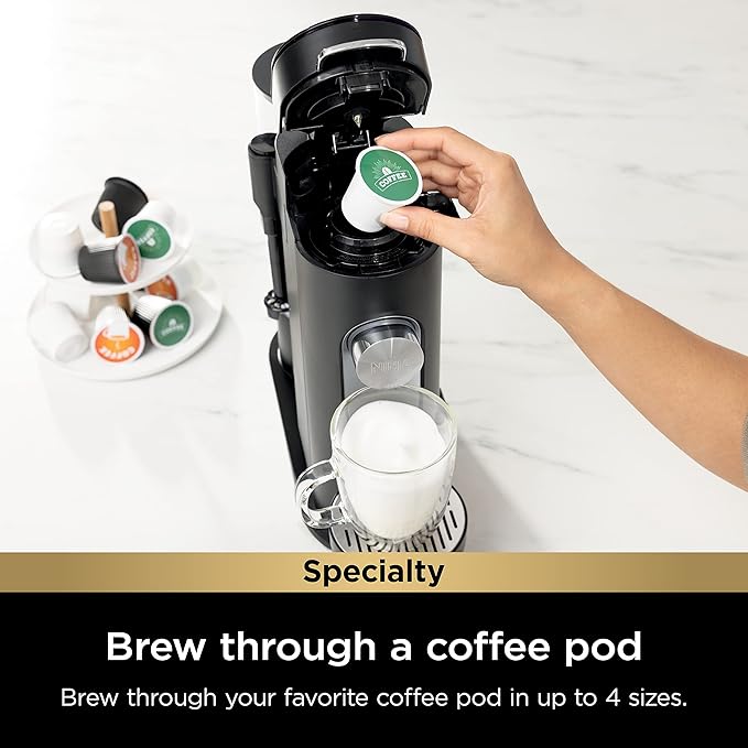 Ninja PB051 Pods &amp Grounds Specialty Single-Serve Coffee Maker Compatible with K-Cups Built-In Milk Frother 6-oz. Cup to 24-oz. Travel Mug Sizes Black (Renewed)