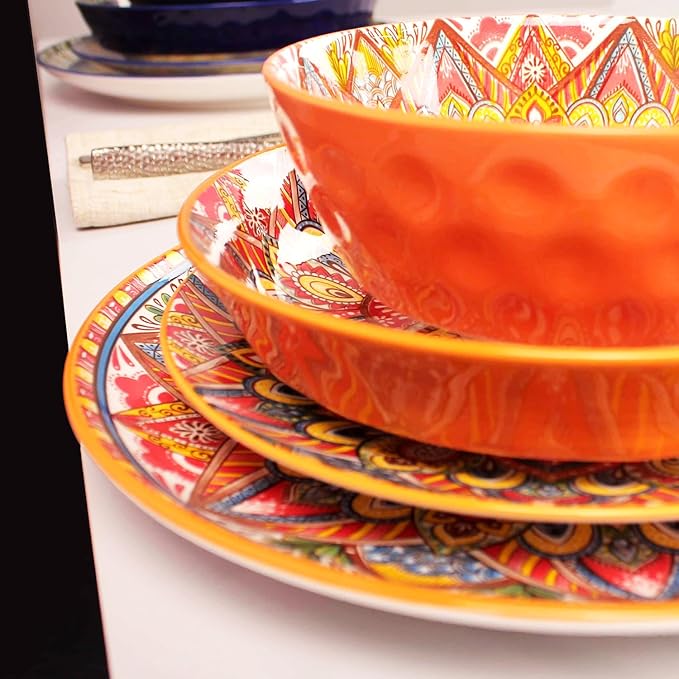 Mandala Dinnerware Sets (16 PCS) Serves for 4 Buffet Dinnerware Boho Plates and Bowls Set with 8.3 salad Plate 8.6/10.6dinner Plate 6.4 bowl apply Indoor Outdoor Dining