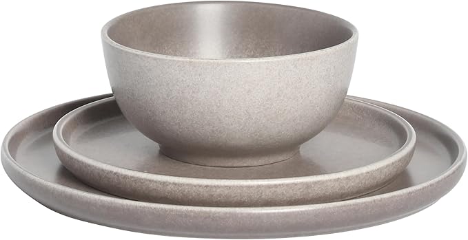 Gibson Elite 12 Piece (Service for 4) Eden Rock Plates and Bowls Reactive Glaze Round Dishes Stoneware Ceramic Dinnerware Set - Grey
