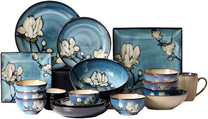 SHINING Blue Creative Hand Painting Porcelain Dinnerware Tableware Dinner Service Set Saqure Plate Deep Plate Bowl For Wedding Birthday Christmas Gift (Set of 15 Pieces)