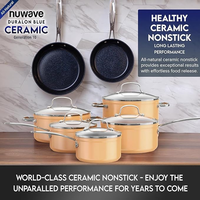 Nuwave Healthy Duralon Blue Ceramic Nonstick Cookware Set Diamond Infused Scratch-Resistant PFAS Free Dishwasher &amp Oven Safe Induction Ready &amp Evenly Heats Tempered Glass Lids &amp Stay-