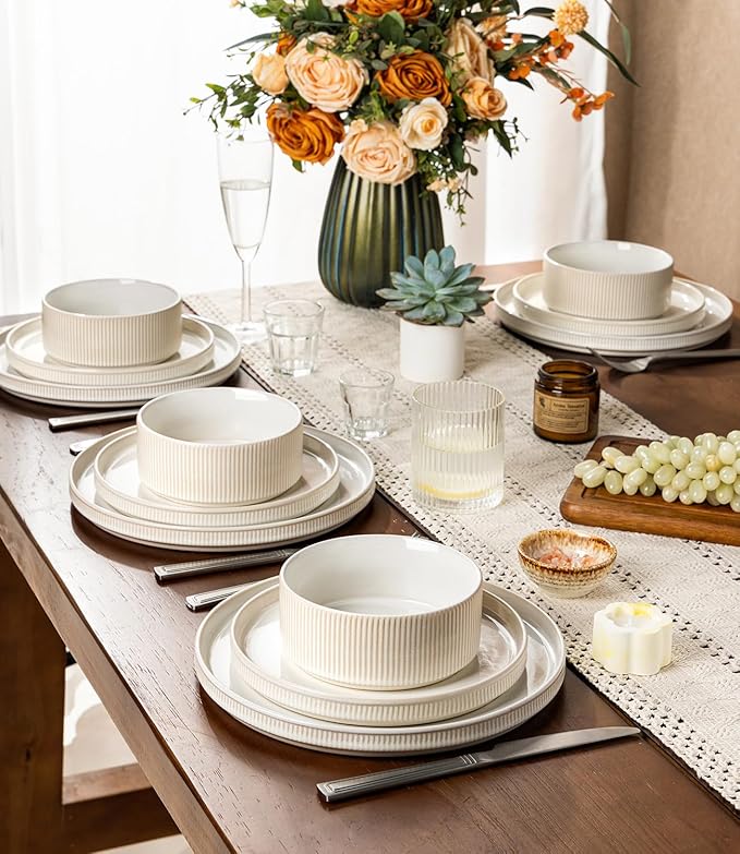 GBHOME Stoneware Dinnerware Sets for 4 12 Pieces Ceramic Ribbed Plates and Bowls Set Reactive Glaze Stackable Plate Sets Scratch Resistant Dishes Microwave &amp Dishwasher Safe Antique Cream