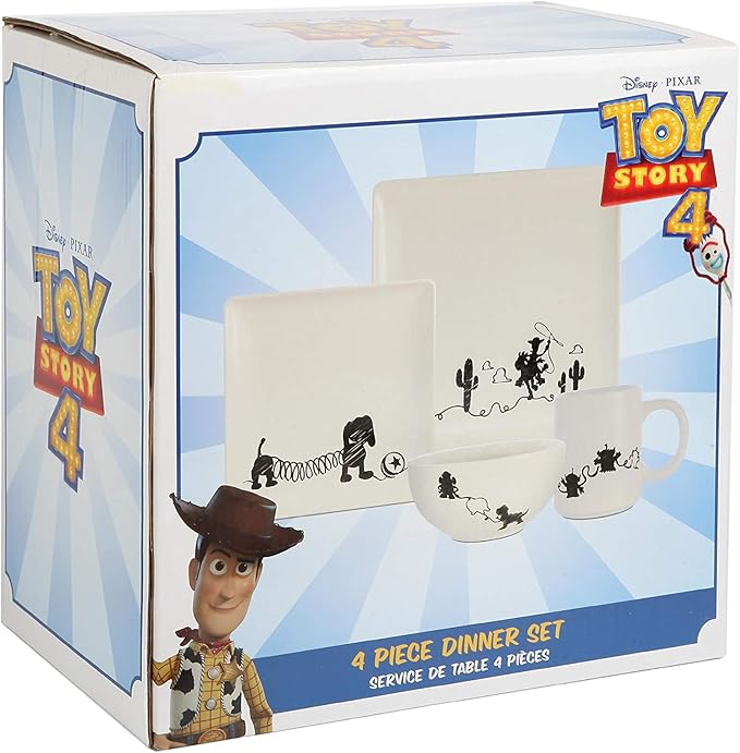 Toy Story 4-Piece Ceramic Dinnerware Set With Scribble Design - Cute Character Line Drawings - Beautiful Glazed White Square Dinner &amp Salad Plates With 16 Oz. Bowl &amp 11 Oz. Mug Place Setting