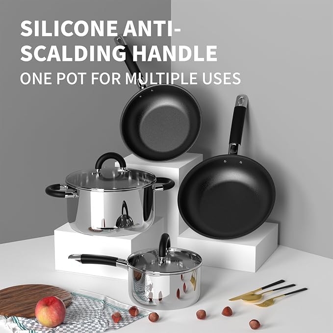 Pots and Pans Set Non Stick Stainless Steel Cookware Set of 6 Frying Pans 5 Ply Base Dishwasher Safe