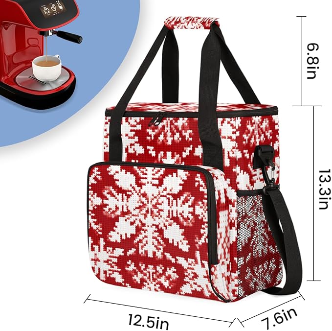 Red Ethnic Pattern Coffee Maker Carrying Bag Snowflake Travel Storage Bag Compatible with K-Mini or K-Mini Plus Single Serve Coffee Brewer Carrying Case with Multiple Pockets &amp Shoulder Strap