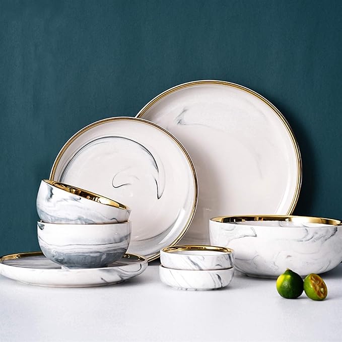 7-Piece d Edged Marble Dinnerware Set - Compact Kitchen T for 2 with Round Ceramic Plates and Sauce Bowls
