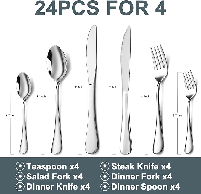 24-Piece Silverware Set with Steak KnivesFlatware Set for 4 Food-Grade Stainless Steel Tableware Cutlery Set Mirror Finished Utensil Sets for Home Restaurant