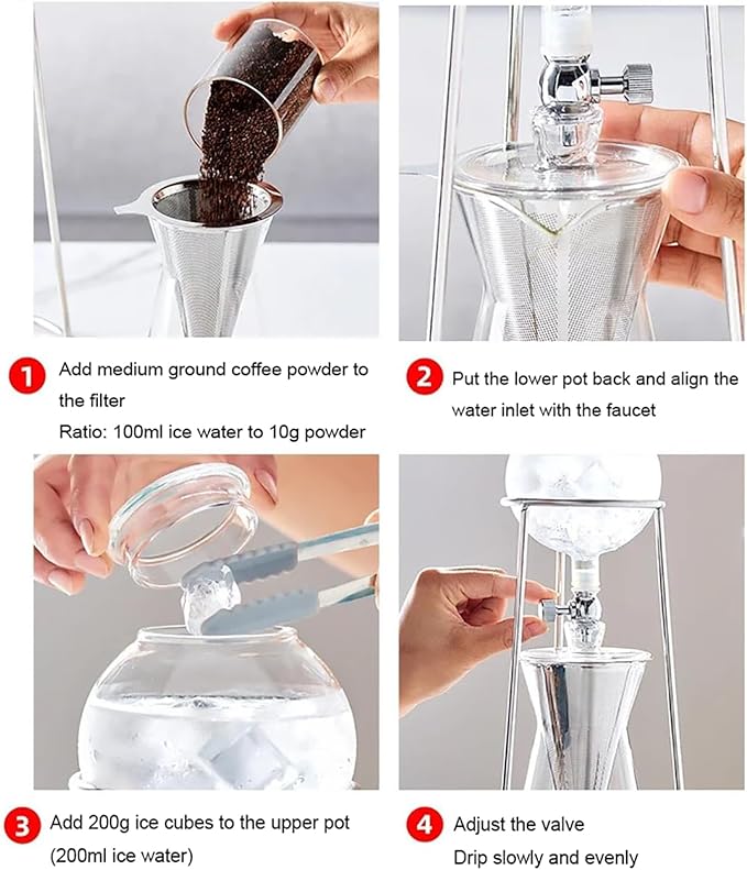 Portable Cold Drip Coffee Maker Drip Tower Coffee Maker 400ml Glass Coffee Pot with Stainless Steel Regulating Valve V-Shaped Spout for Home Office