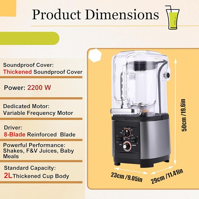 2200W Professional Quiet Blender with Noise Reduction Cover 2L Food Grade Jar FastIce Crushing Self Clean Function Heavy Duty Smoothie Maker