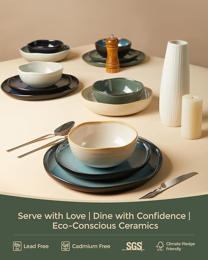 Plates and Bowls Sets for Family of 6 Ceramic Dinnerware Sets Kitchen Dish Set Microwave &amp Dishwasher Safe Dishware Highly Durable Reactive Glazed Dinner Set Forest Green