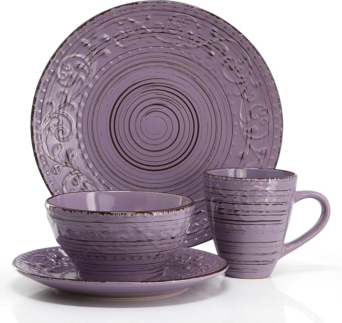16-Piece Stoneware Dinnerware Set – Ocean Bloom Sea Glass Mica Calcite Jasper &amp Deep Ocean – Microwave Safe Dishwasher Safe Service for 4 with Reactive Glaze Finish (Purple)