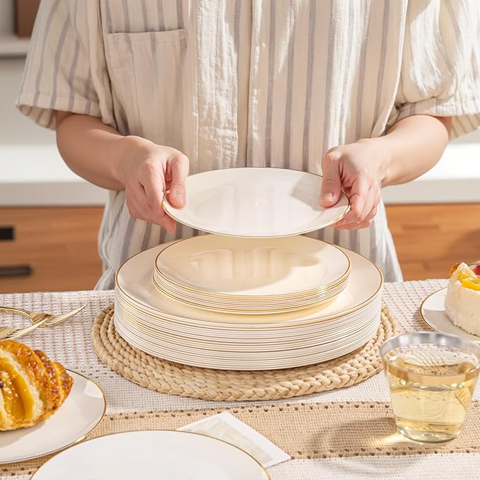 bUCLA 150PCS Ivory Plastic Plates with Gold Trim - Heavy Duty Cream Plastic Disposable for Party &amp Wedding - Include 25 Each（Dinner &amp Dessert） Plates 25 Knives 25 Forks 25 Spoons &amp 25 C