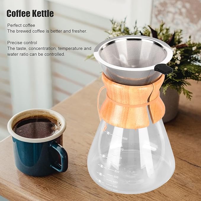 Pour Over Coffee Maker Coffee Dripper Brewer Paperless Glass Carafe Coffee Pot with Stainless Steel Filter &amp Wood Sleeve for Home Travel(1000ml)