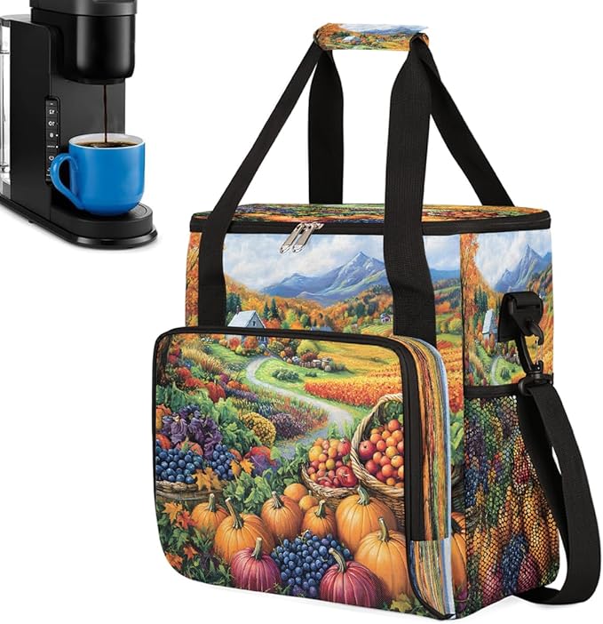 Autumn Grapes Pumpkin Maple Leaves Coffee Maker Carring Bag Travel Carrying Storage Tote Bag Compatible with Keurig K-Mini or K-Mini Plus Portable Single Serve Coffee Brewer Case with Pockets