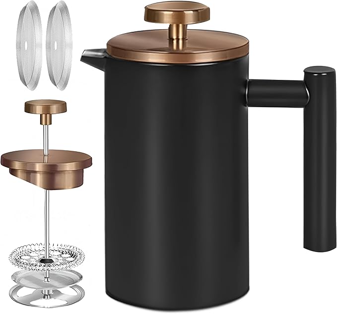 Miuly 12oz French Press for One Person Small Coffee Press 350ml with 2 Filter Mesh Double Wall Insulated French Press for Travel Black