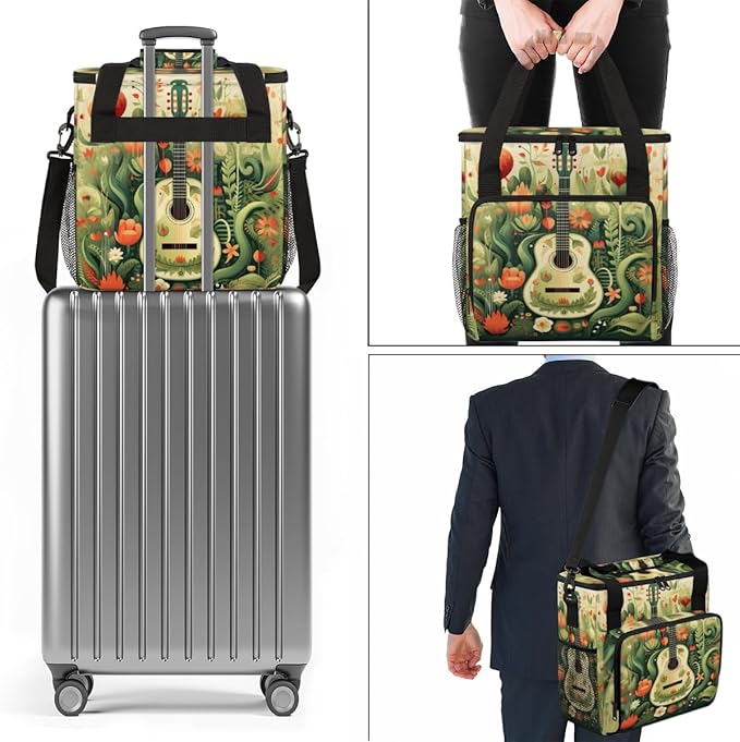 Retro Guitar Coffee Maker Carrying Bag Tropical Leaves Travel Storage Bag Compatible with K-Mini or K-Mini Plus Single Serve Coffee Brewer Carrying Case with Multiple Pockets &amp Shoulder Strap