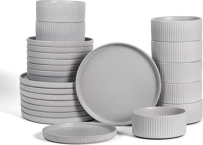 Stone Lain Haven Stoneware 24-Piece Dinnerware Set Grey - Plates and Bowls Sets for 8 Elegant Dish Set Includes Dinner Plates Salad Plates Cereal Bowls Microwave &amp Dishwasher Safe