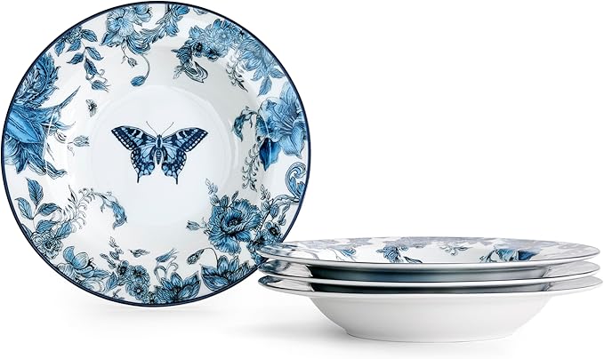 Marchesa Monarcha 4-Piece Pasta Bowl Set Porcelain Bowls Dishwasher and Microwave Safe Dish Set for 4 Blue