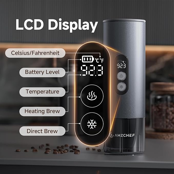 AMZCHEF Portable Coffee Maker Rechargeable w/ 9000mAh Battery 2-in-1 Travel Espresso Maker for Ground/NS Capsules Car Espresso Machine Self-Heating for Camping RV Hiking Office Aluminum