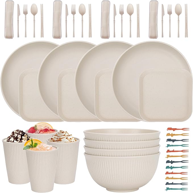 48 Pcs Dinnerware Sets Unbreakable Plates and Bowls Sets Reusable Dinnerware Sets for 4 People Travel Camping Picnic Home Party Cutlery Set Dishwasher Microwave Safe Dishes