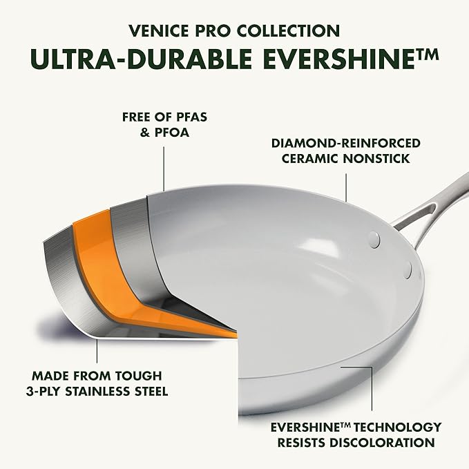 GreenPan Venice Pro Tri-Ply Stainless Steel Healthy Ceramic Nonstick 13 Piece Cookware Pots and Pans Set PFAS-Free Multi Clad Induction Dishwasher Safe Oven Safe Silver