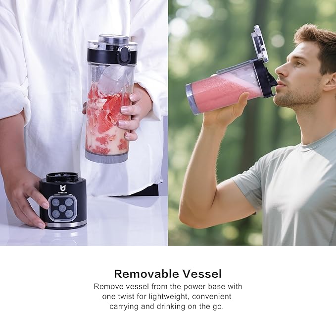 UTALENT Cordless Portable Blender 25 oz removable Vessel Powerful Personal Blender For-Smoothies Ice Crush 4 Programs Leakproof-Lid &amp Sip Spout USB-C Rechargeable Dishwasher Safe Parts Bl